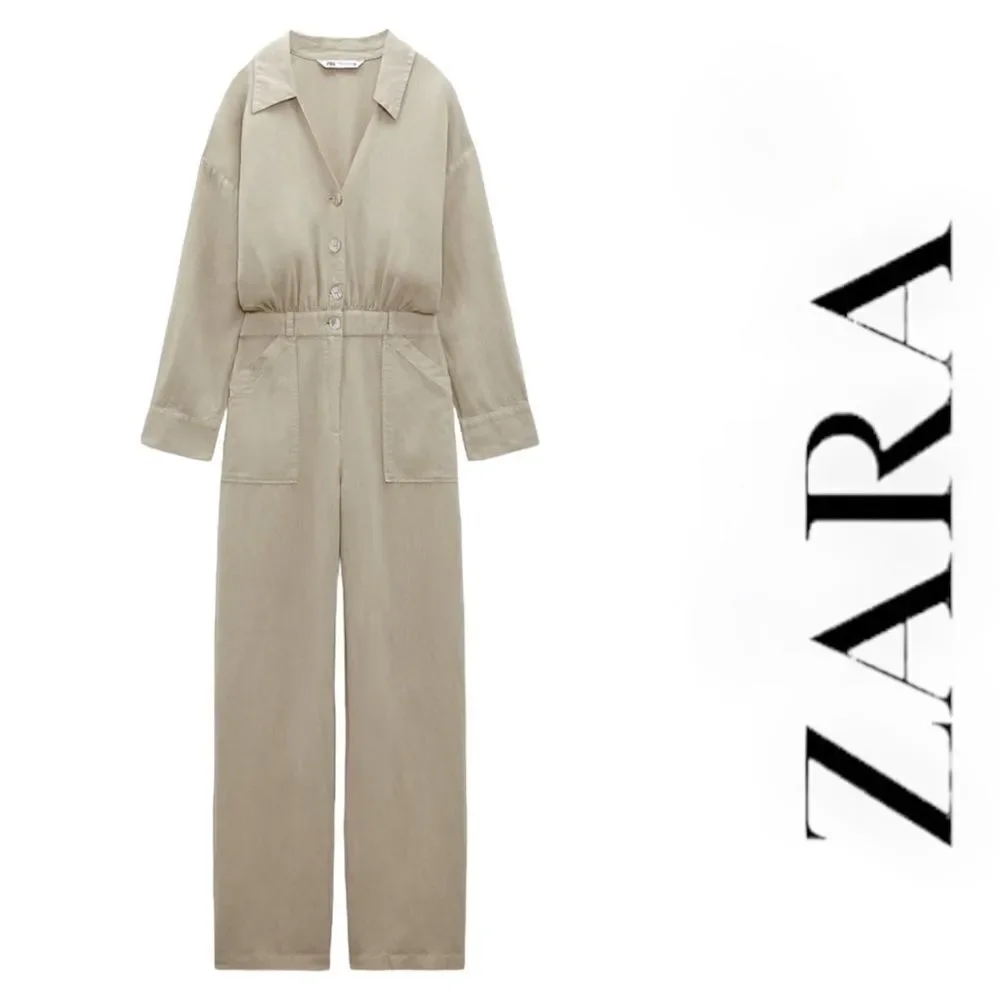 Zara Sand Linen Blend Long Jumpsuit Size M NWT Button Front Wide Leg Romper